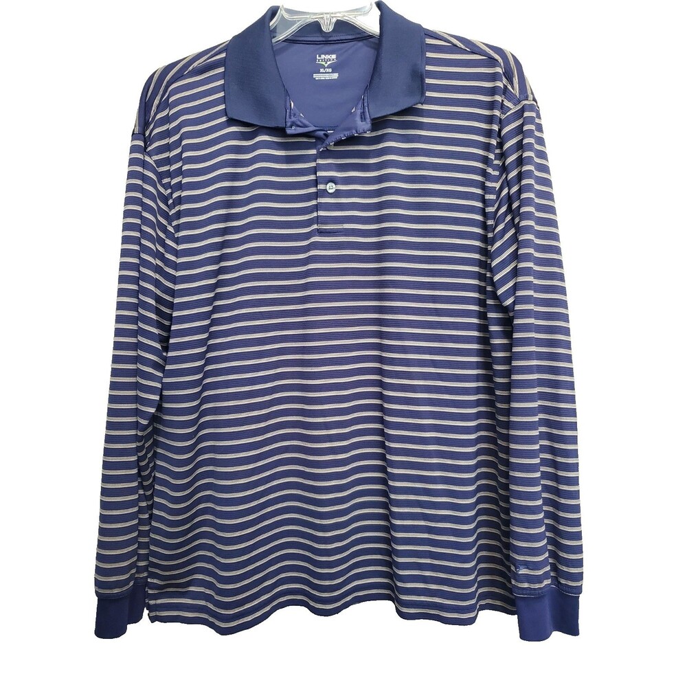 Links Edition Men's Blue Striped Long Sleeve Golf Polo Shirt Size XL